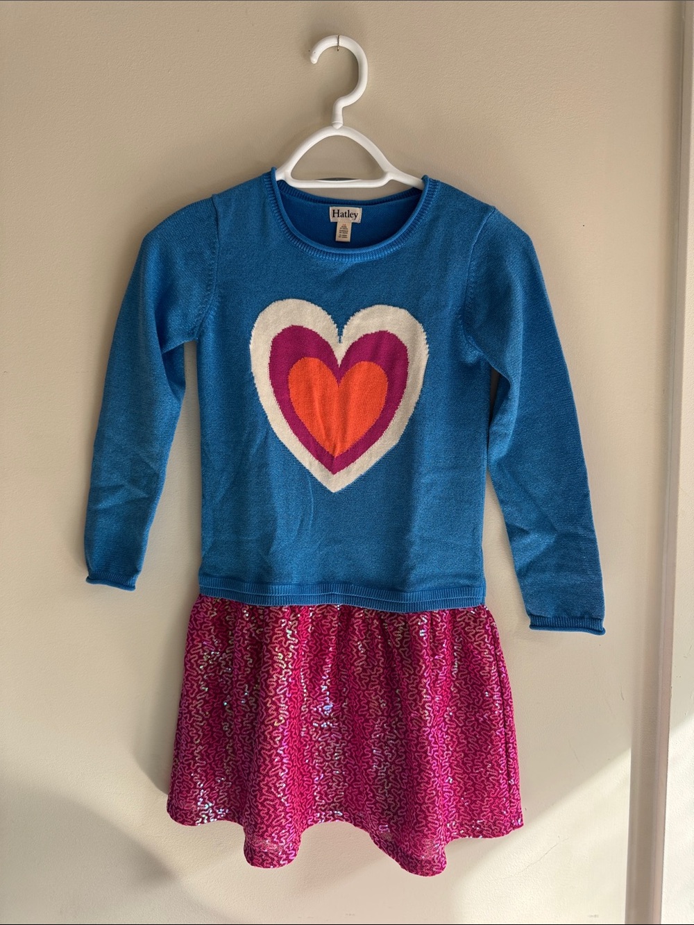 Hatley Blue Knit Dress with Multicolor Heart and Pink Sequin Skirt